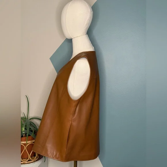 Nordstrom Genuine Lambskin Leather Zip Vest Brown Tan Lined Minimalist Y2K Large - Picture 3 of 10